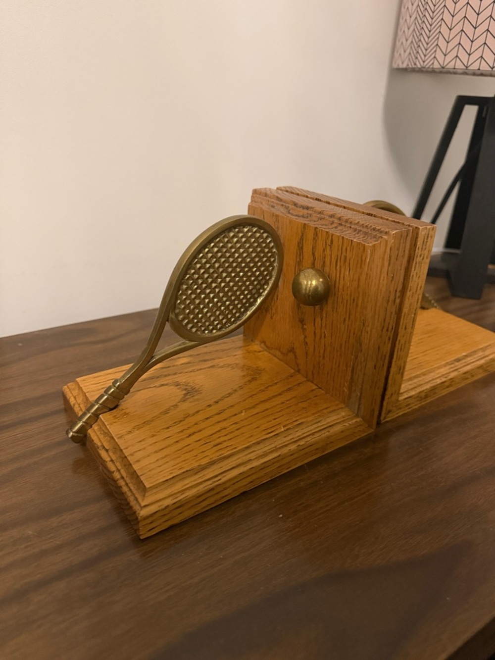 Vintage 1985 Enesco Oak Wood and brass Bookend Pair - tennis racket and ball